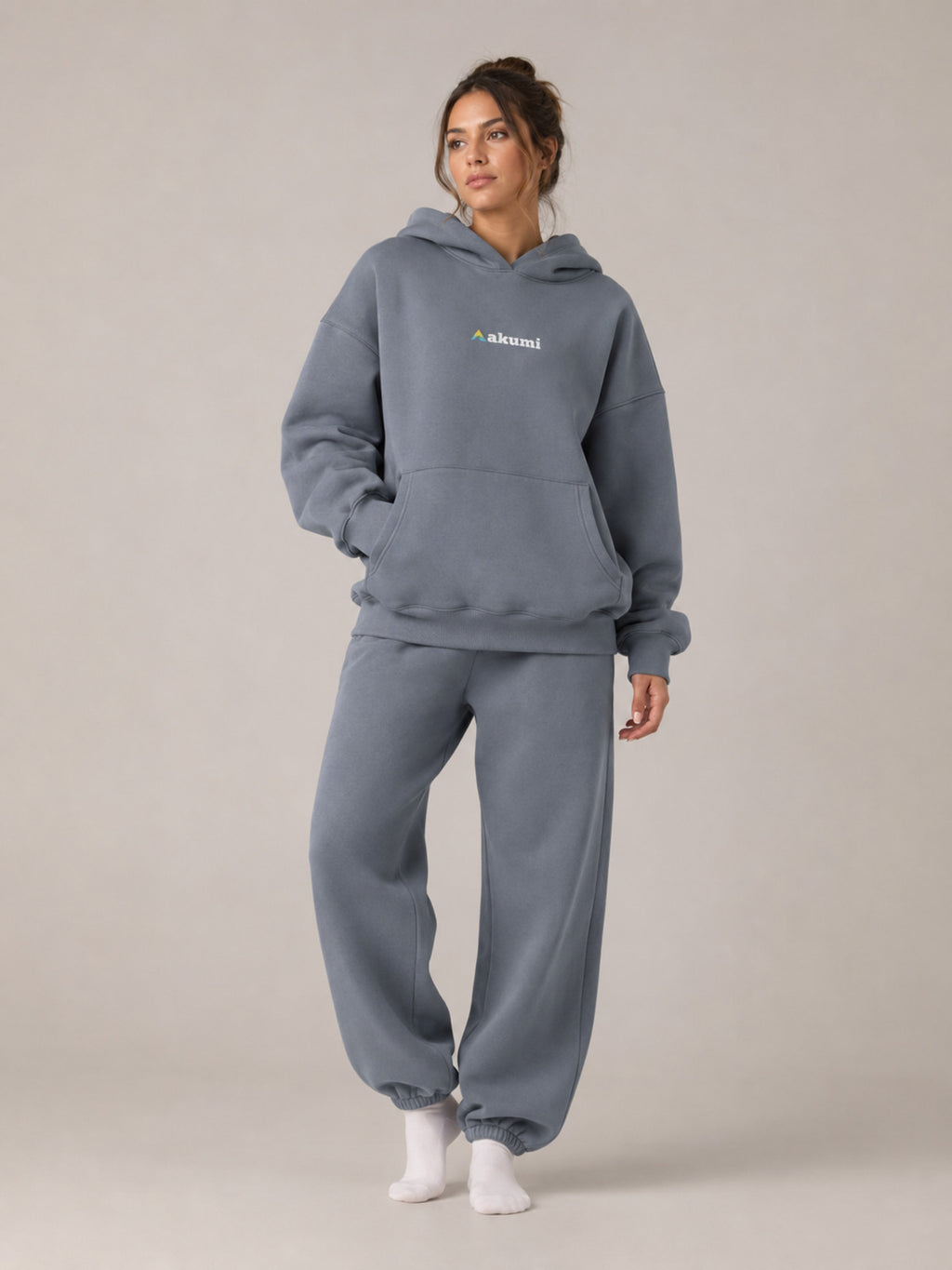Akumi Reserve Pocket Hoodie in Harbor Ash female full-body front studio view