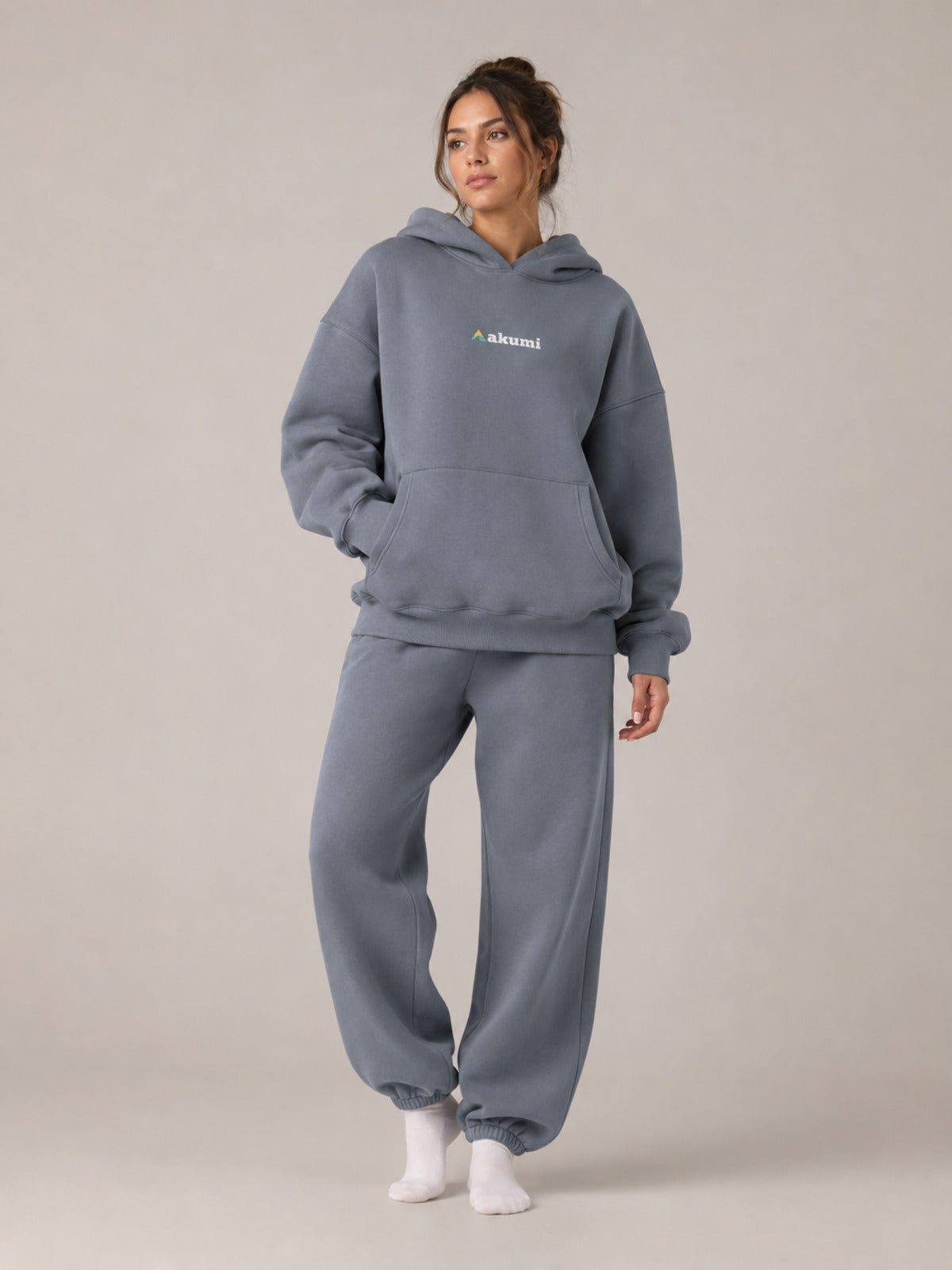 Akumi Reserve Pocket Hoodie in Harbor Ash female full-body front studio view