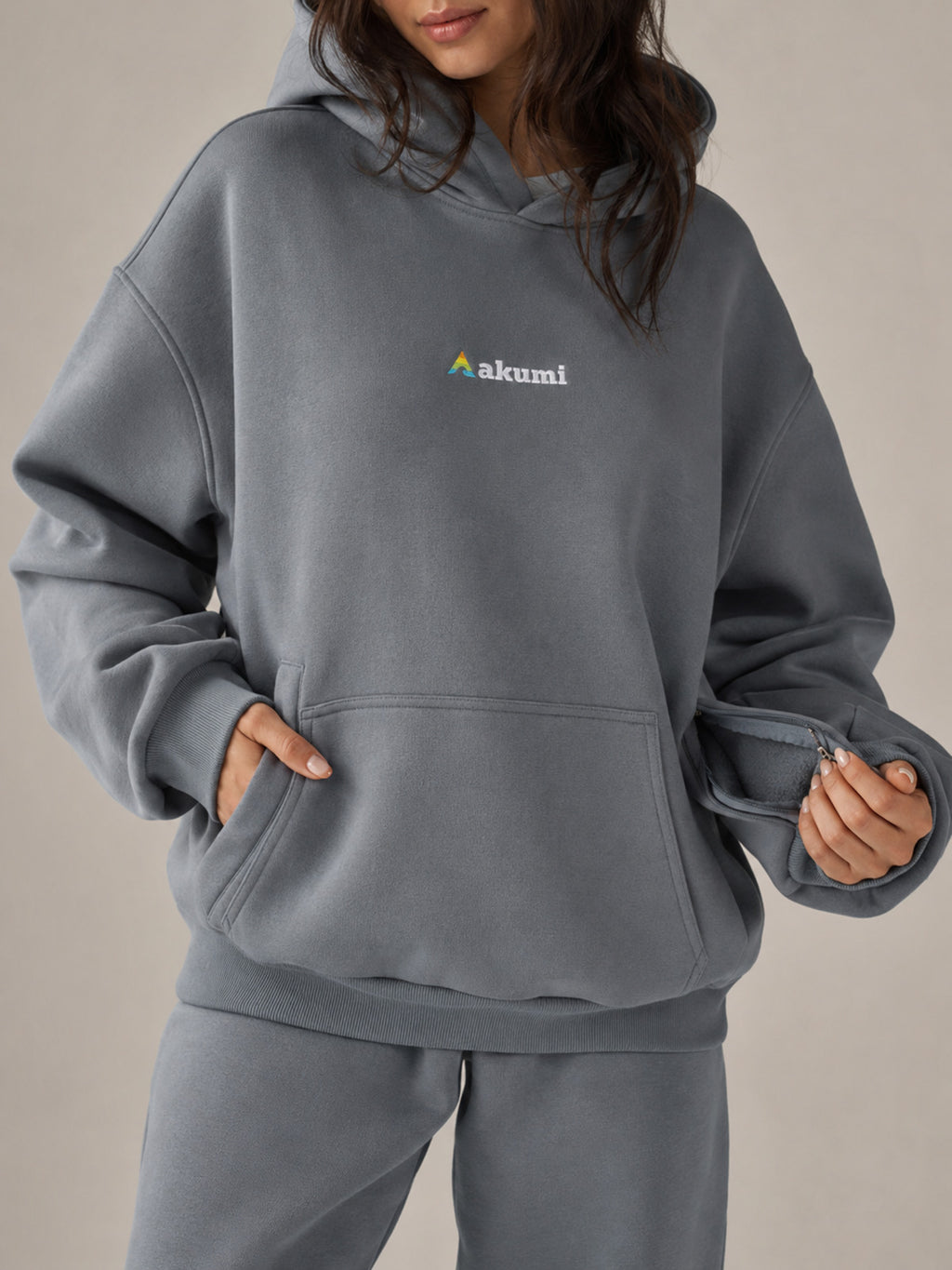Akumi Reserve Pocket Hoodie in Harbor Ash sleeve pocket detail
