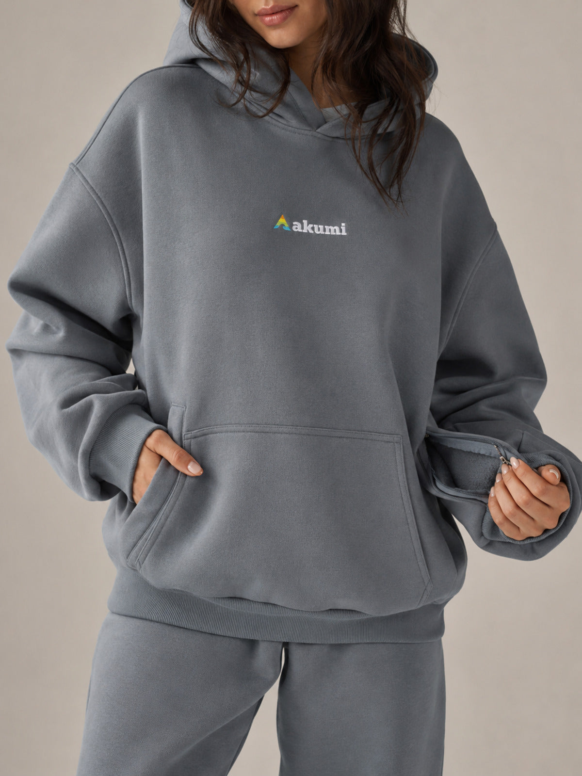 Akumi Reserve Pocket Hoodie in Harbor Ash sleeve pocket detail