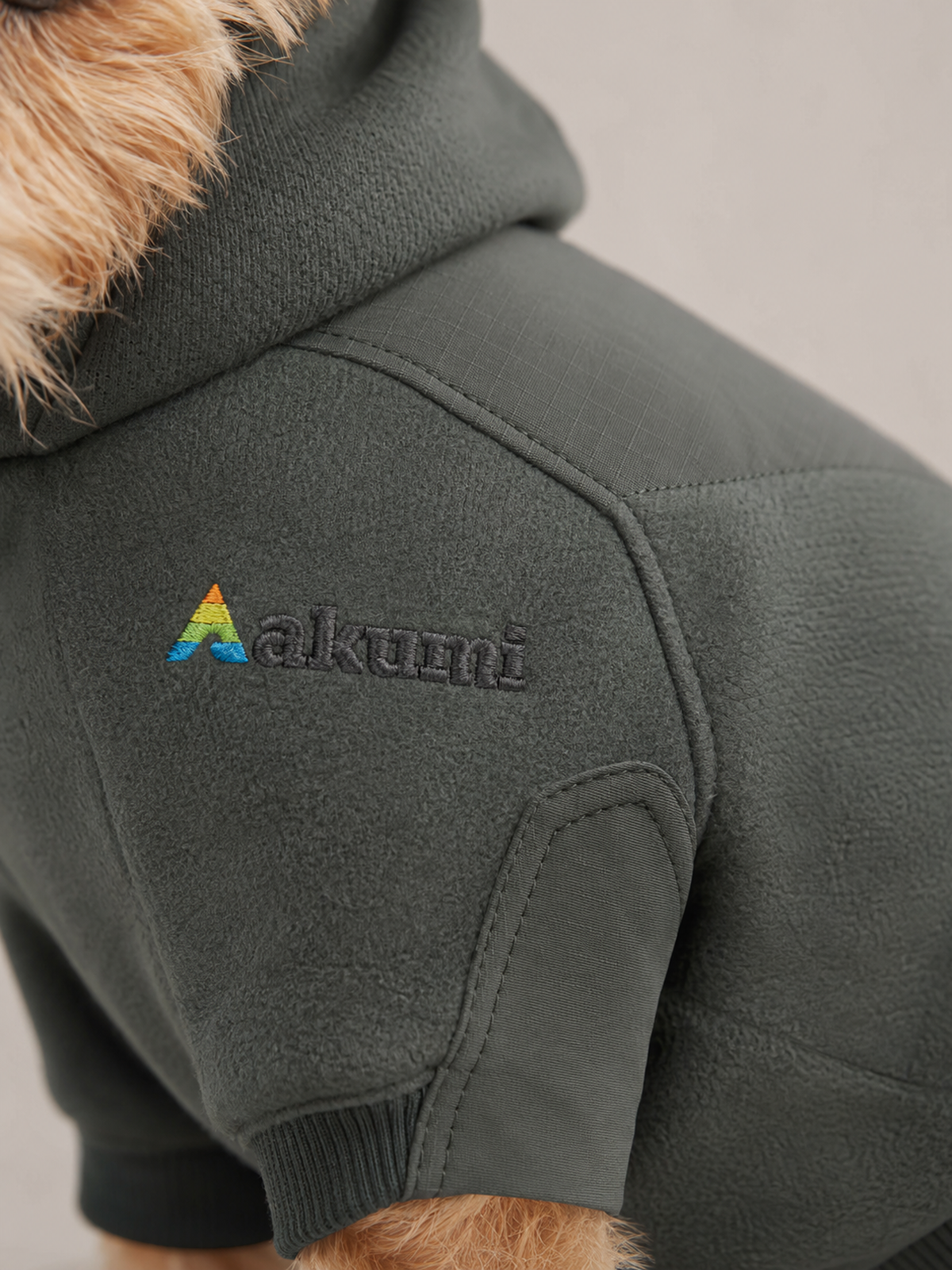 Akumi Ridgepath Pet Hoodie in Pine Ash raised embroidered logo and fabric detail