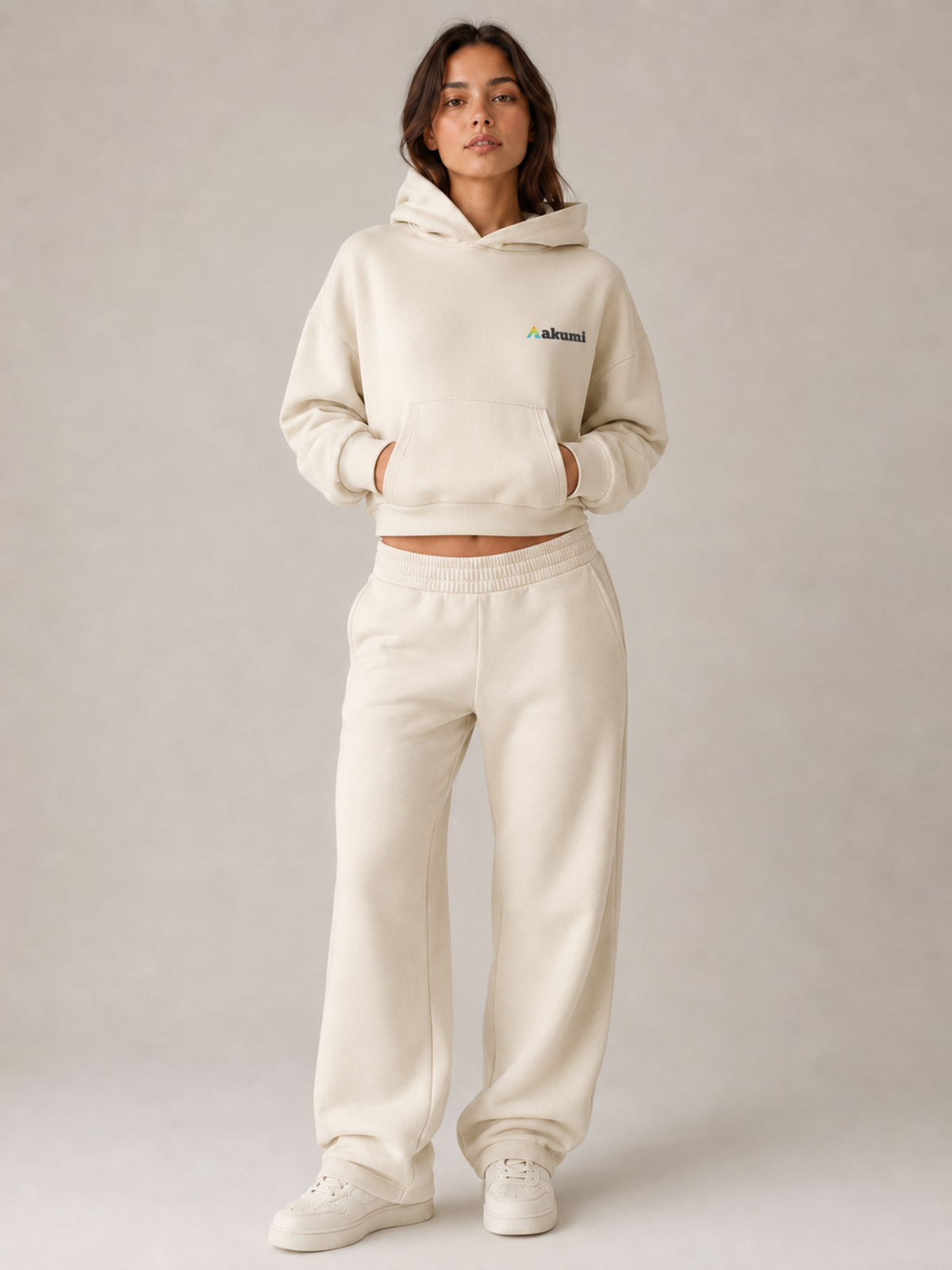 Akumi Softbreak Crop Hoodie in Salt Cream, front hero view with left-chest Akumi embroidery
