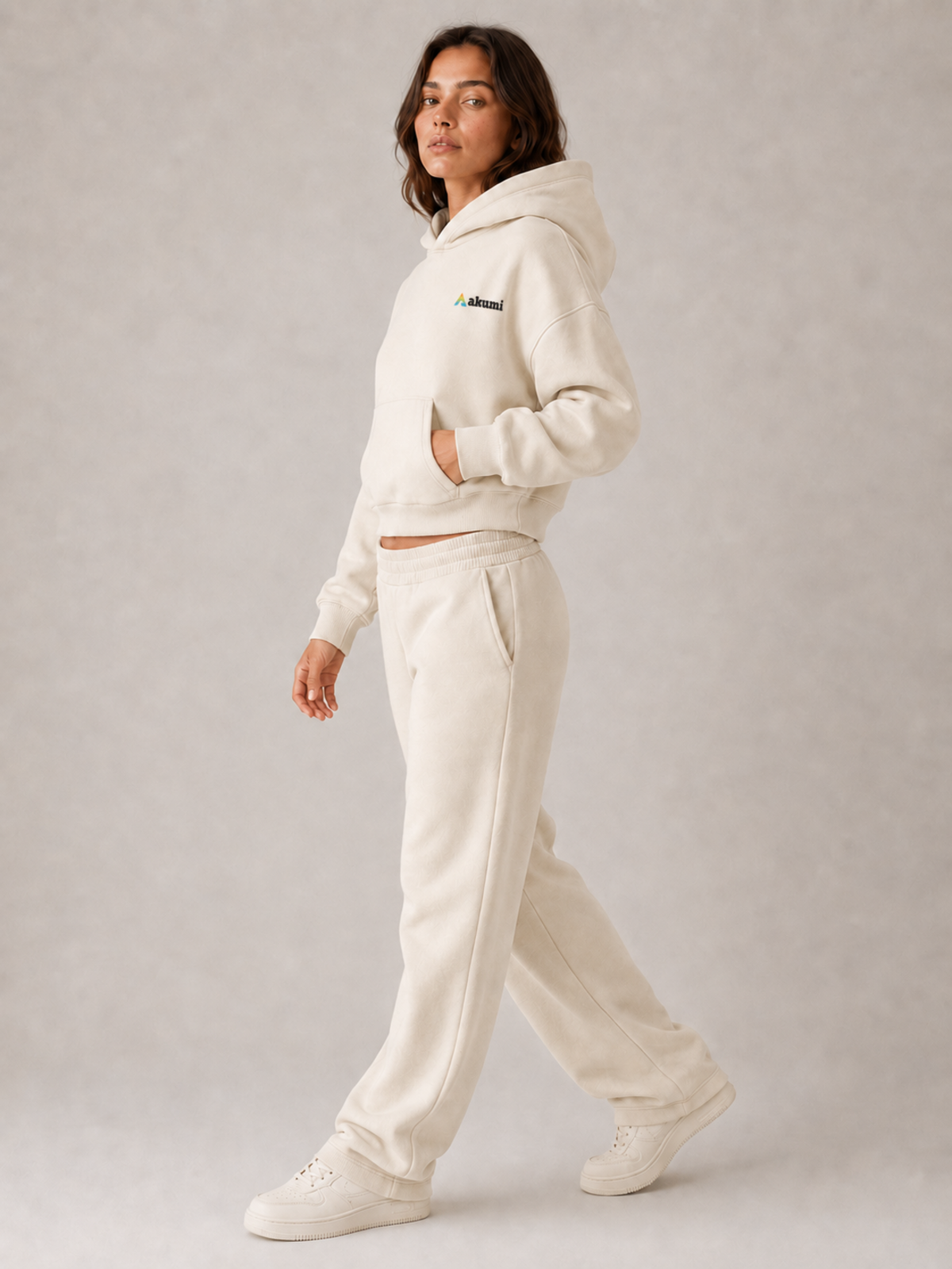 Akumi Softbreak Crop Hoodie in Salt Cream, side profile