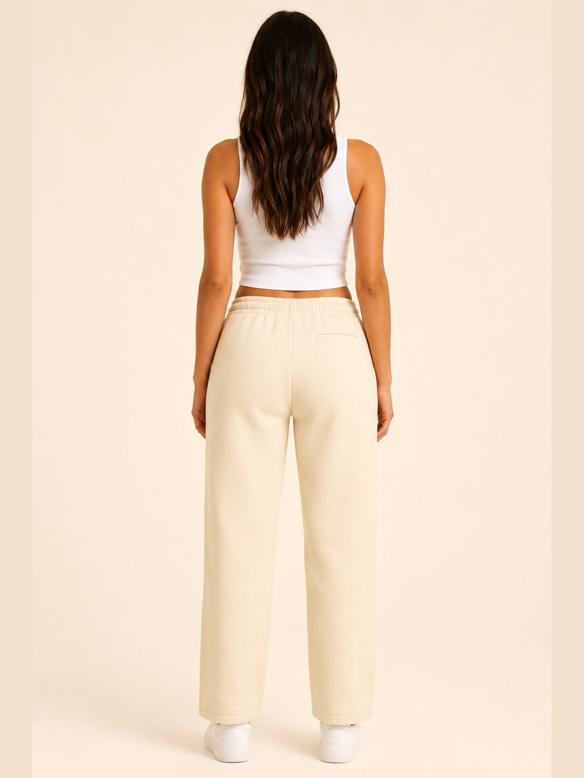 Akumi Softvale Straight-Leg Sweatpant in Buttercream, female model back view