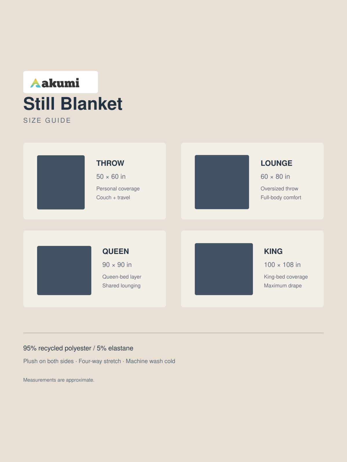 Akumi Still Blanket size guide with approved full-color Akumi logo