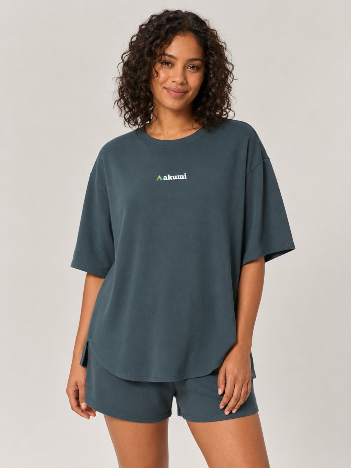 Akumi Stillday Lounge Tee in Juniper Smoke, female front studio view