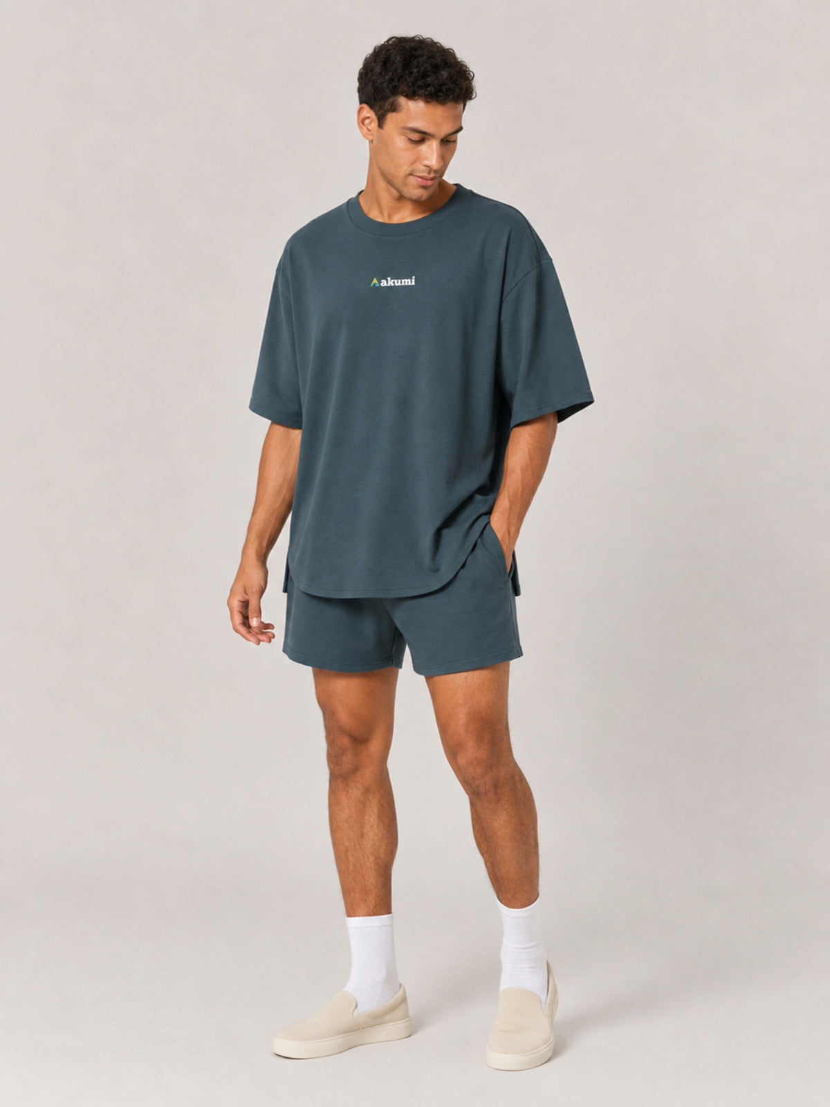 Akumi Stillday Lounge Tee in Juniper Smoke, male three-quarter studio view