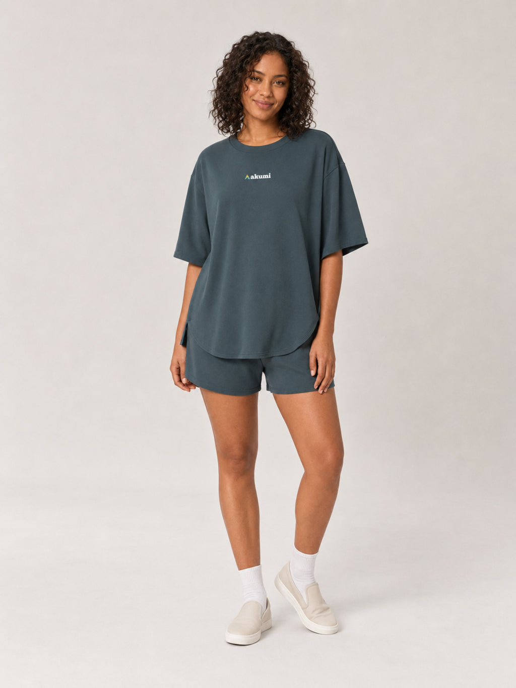 Akumi Stillday Lounge Tee in Juniper Smoke, female full-body front studio view