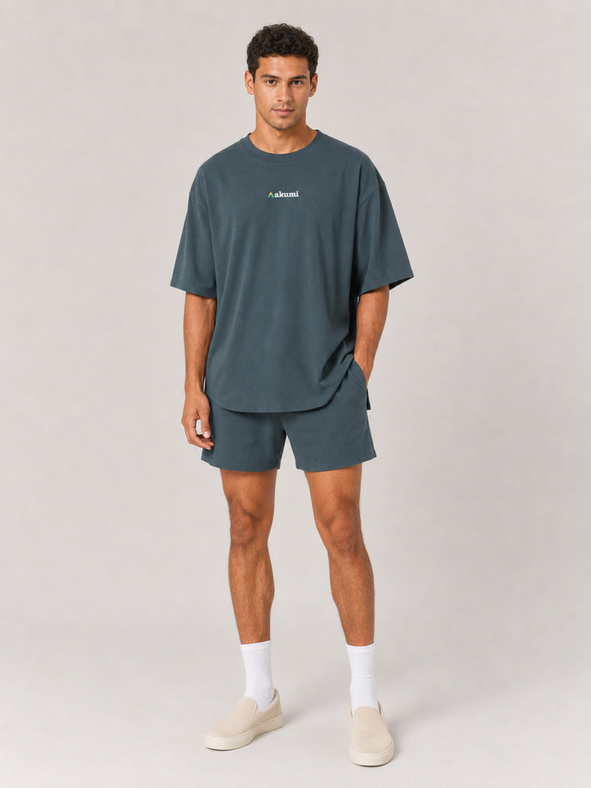 Akumi Stillday Lounge Tee in Juniper Smoke, male full-body front studio view