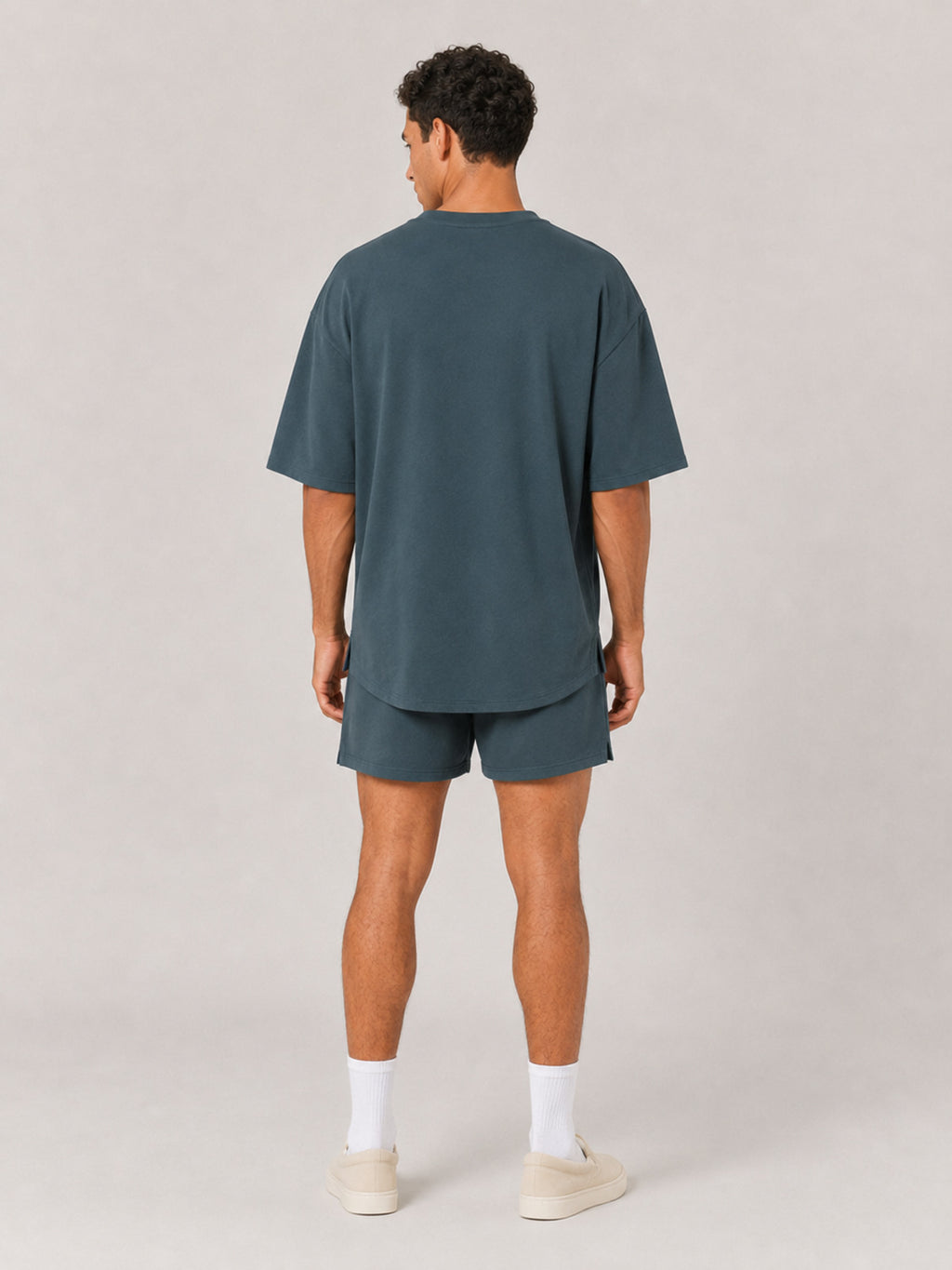 Akumi Stillday Lounge Tee in Juniper Smoke, male back studio view