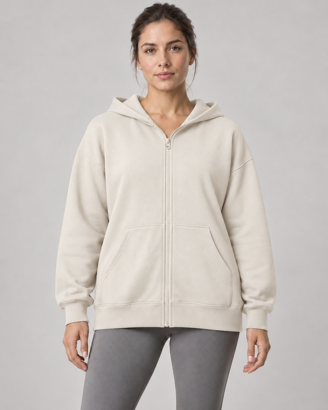 AI-generated design concept: Stillform Full-Zip Hoodie in Chalk, front view.