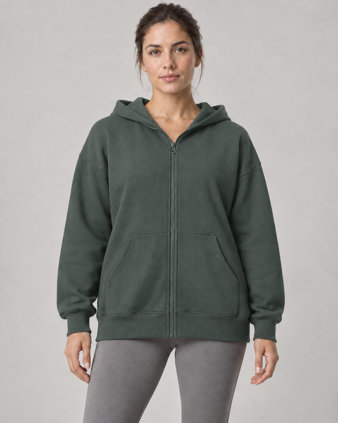 AI-generated design concept: Stillform Full-Zip Hoodie in Juniper, front view.