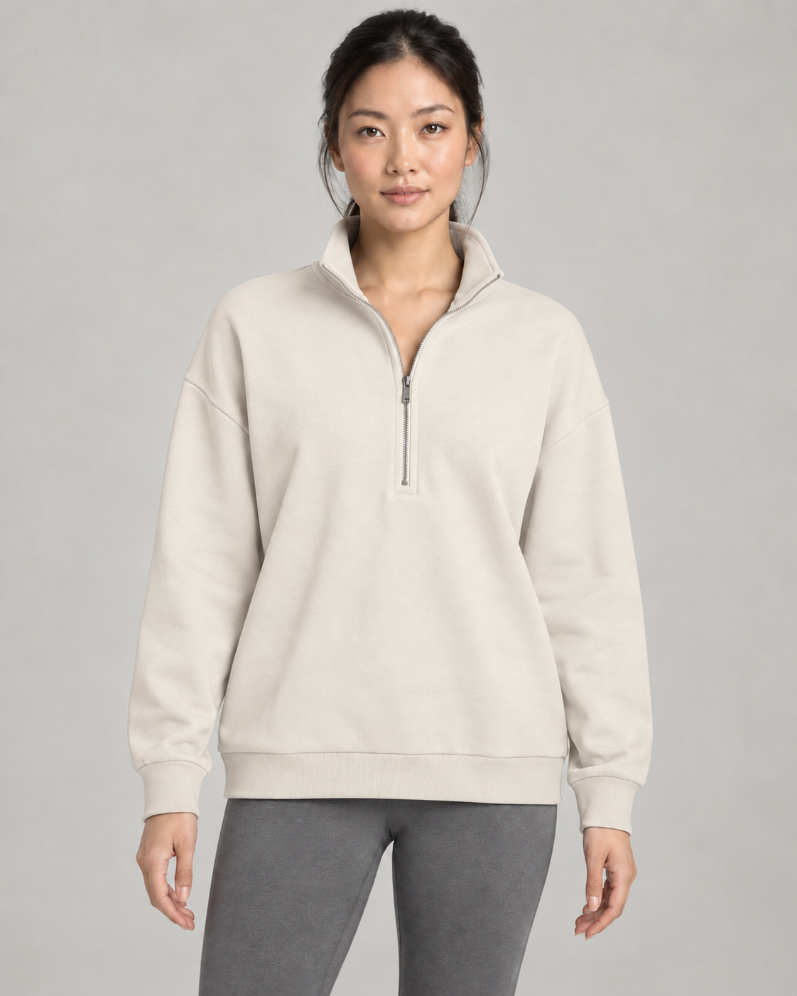 AI-generated design concept: Stillform Half-Zip Sweatshirt in Chalk, front view.