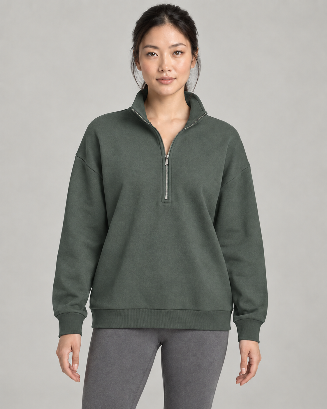 AI-generated design concept: Stillform Half-Zip Sweatshirt in Juniper, front view.
