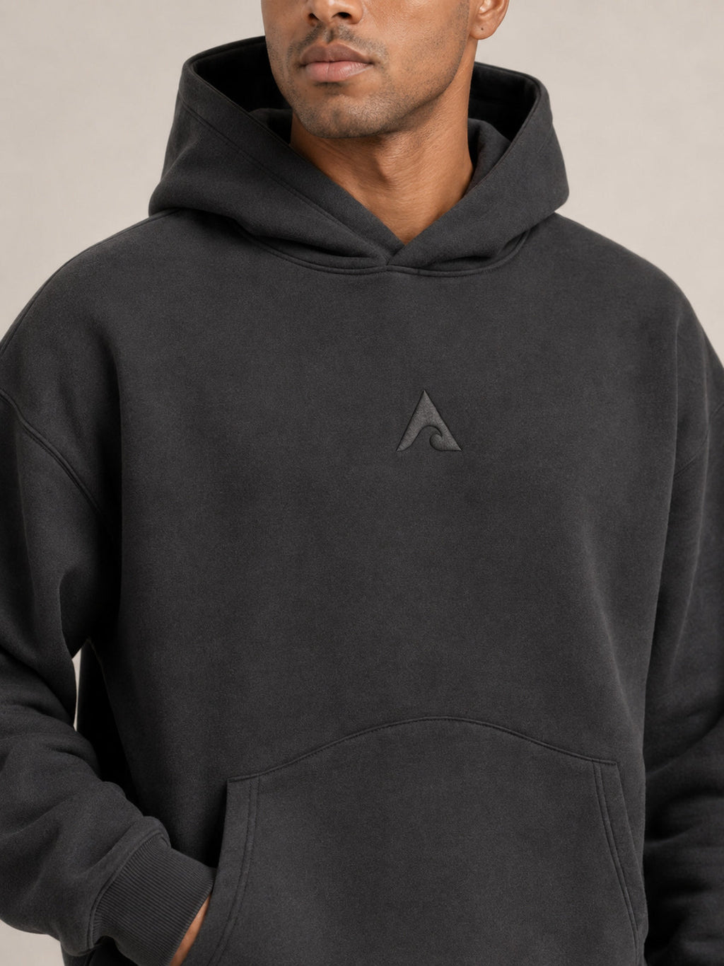 Charcoal##Akumi Stillform Hoodie, chest and hood detail