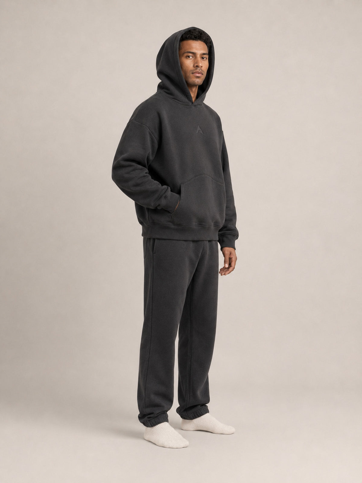 Charcoal##Akumi Stillform Hoodie, hood up side view