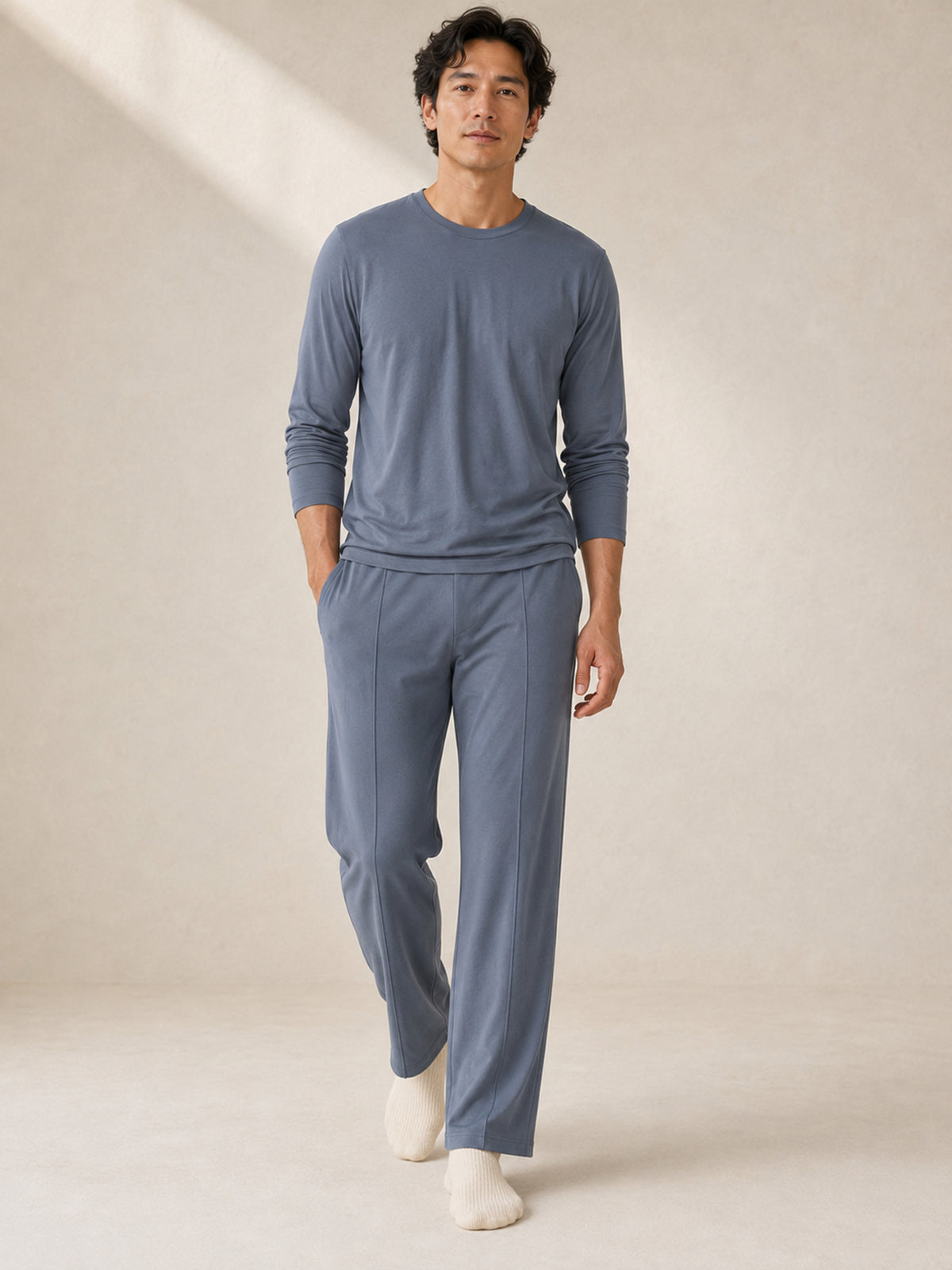 Akumi Stillform Lounge Pant in Night Mist, men’s full-body fit view