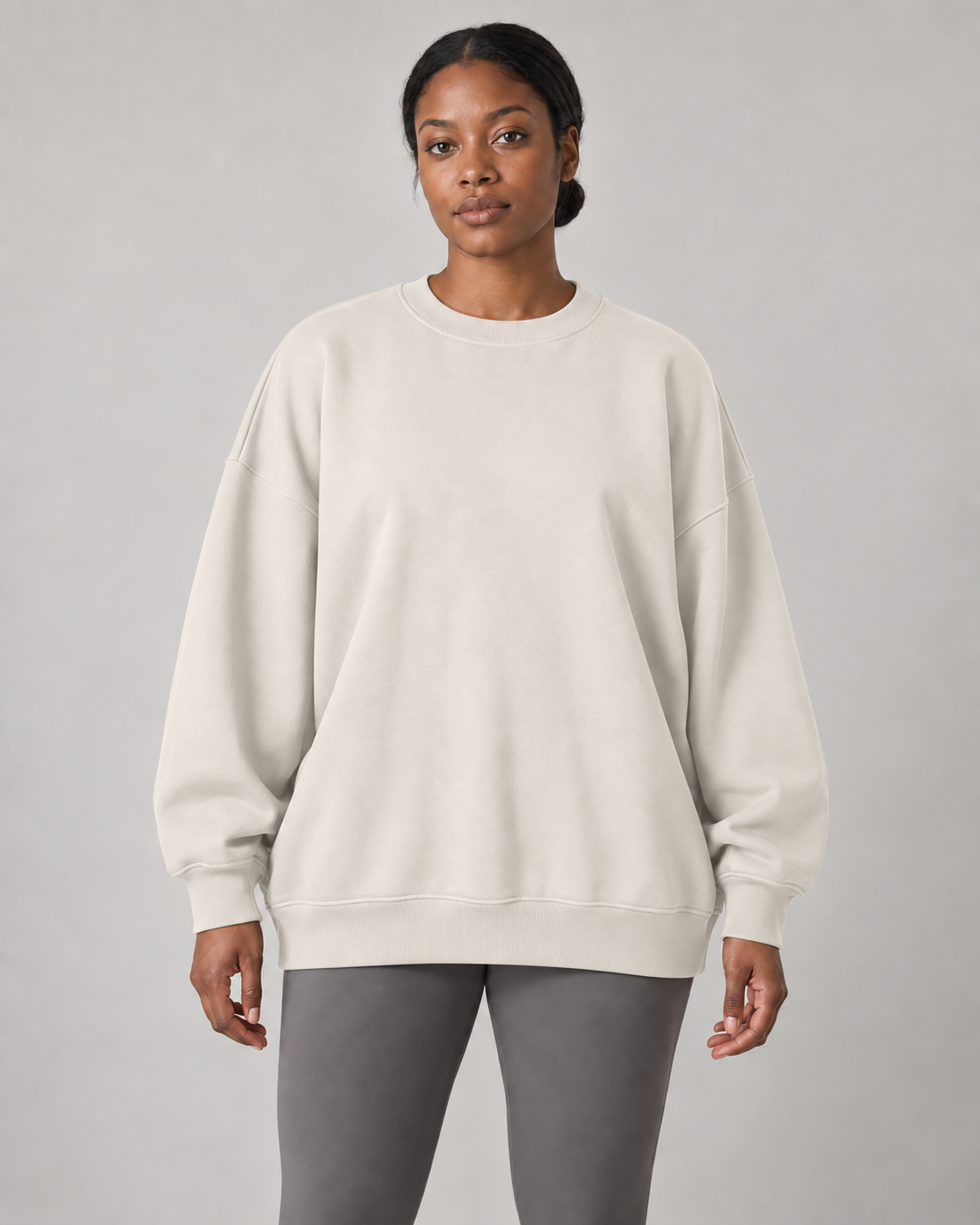 AI-generated design concept: Stillform Oversized Crew in Chalk, front view.