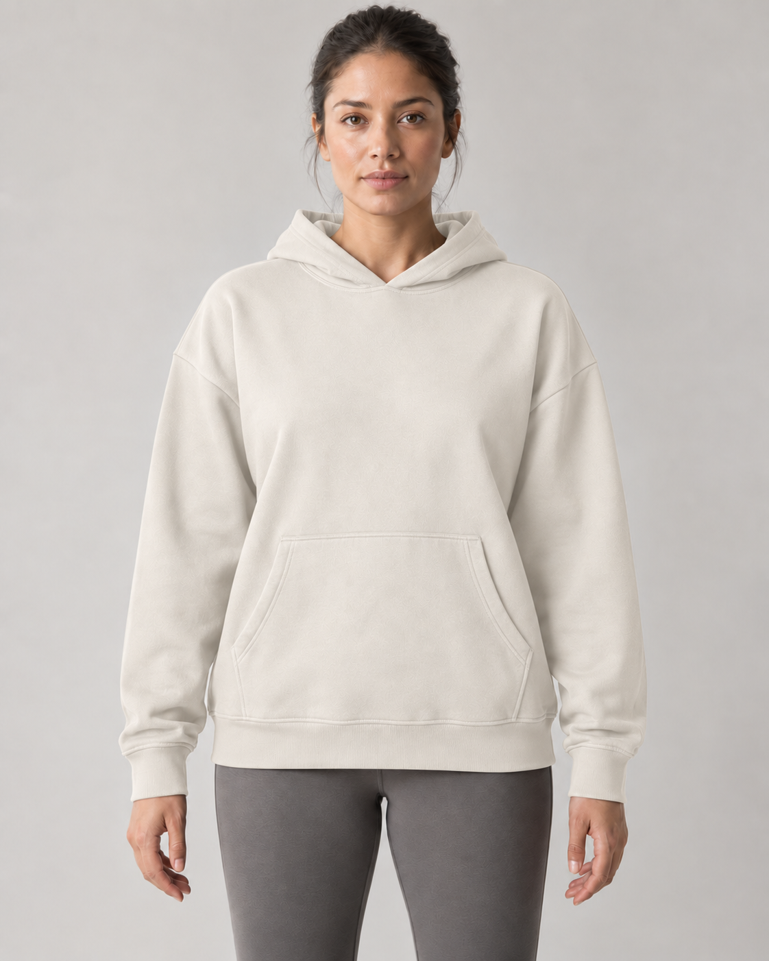 AI-generated design concept: Stillform Relaxed Pullover Hoodie in Chalk, front view.