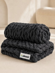 Akumi Stonehold Weighted Blanket Carbon Slate folded view with sewn woven hem label