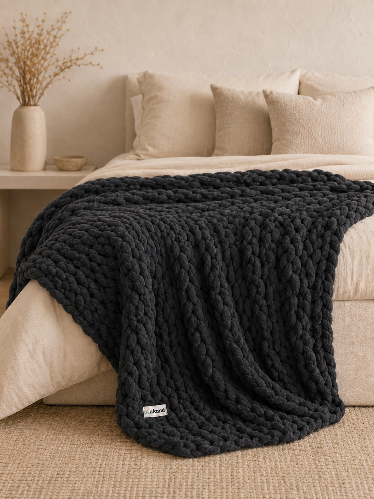 Akumi Stonehold Weighted Blanket Carbon Slate bed styling view with sewn woven hem label