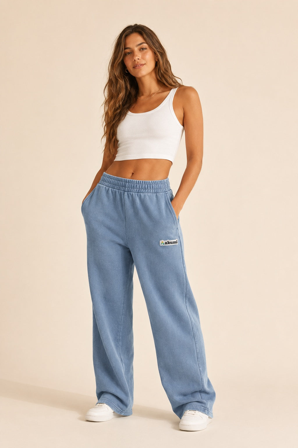 Akumi Tidefade Straight-Leg Sweatpant in Ocean Haze, female model three-quarter front hero view