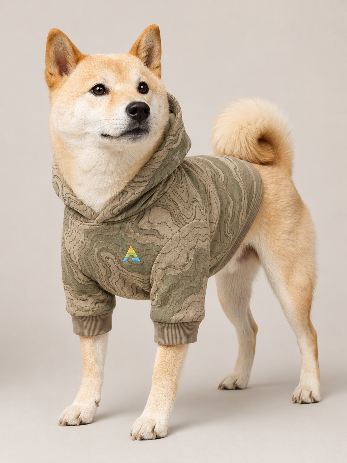 Akumi Timbermap Pet Hoodie in Stone Moss front fit with one embroidered chest logo