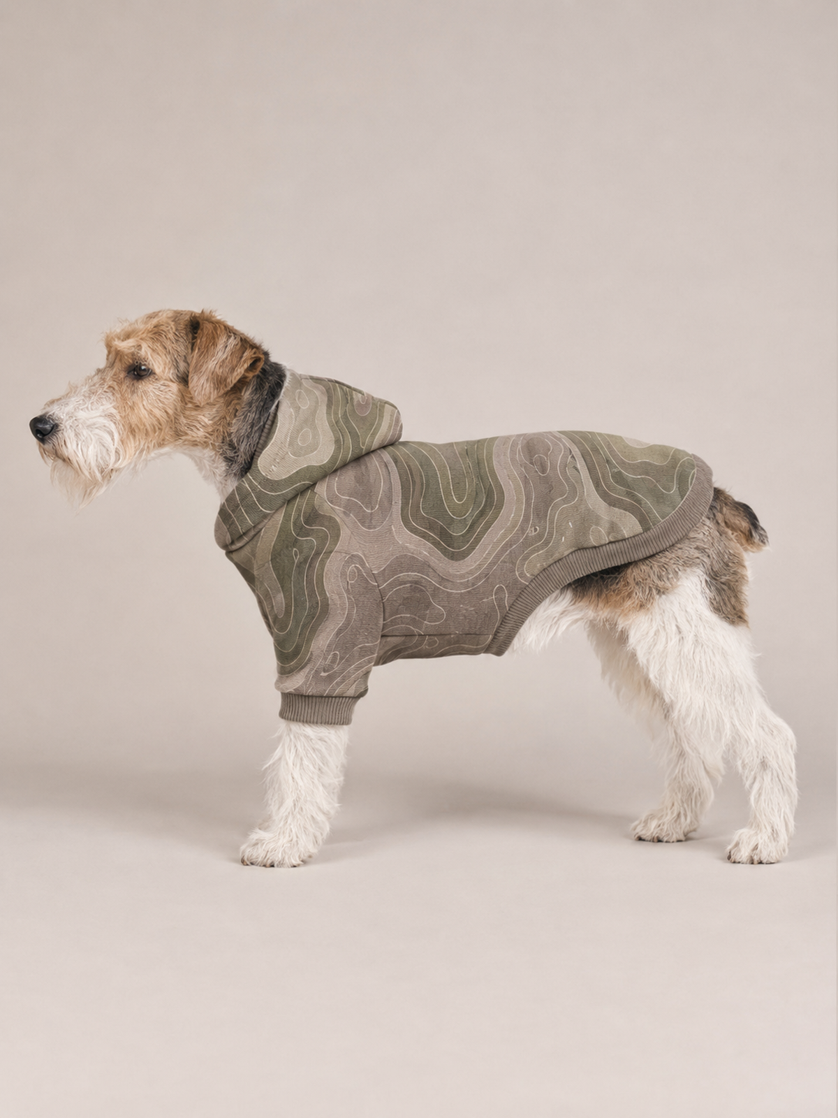 Akumi Timbermap Pet Hoodie in Stone Moss side fit with contour map pattern