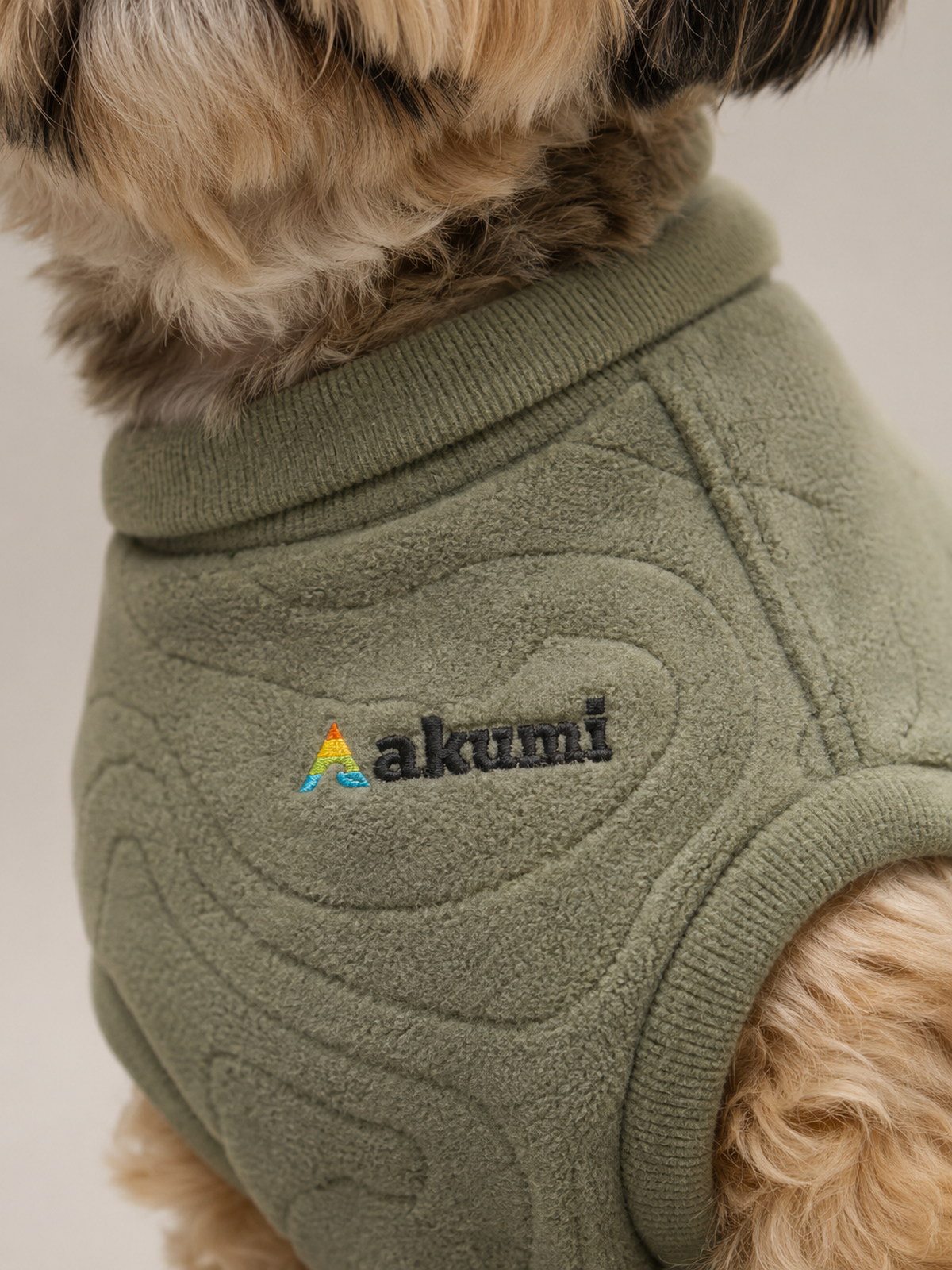 Akumi Timbermap Pet Hoodie in Stone Moss raised embroidered logo and fleece detail