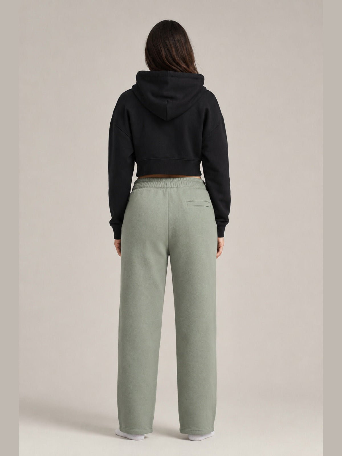 Akumi Transitline Straight-Leg Travel Sweatpant in Sage Fog, back view with back pocket