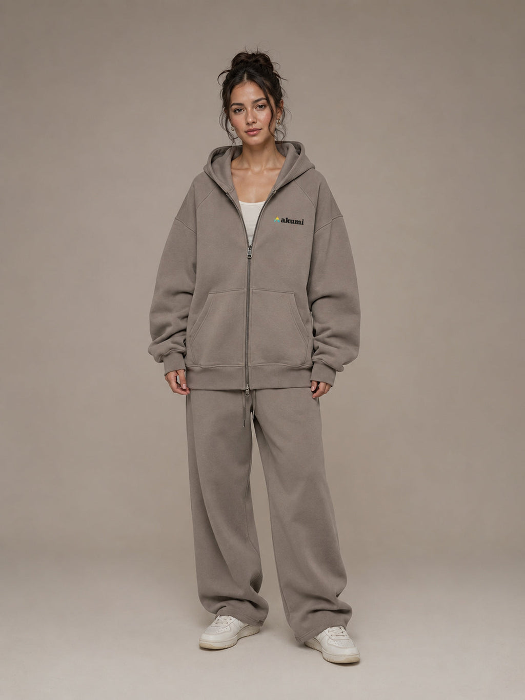 Akumi Veilzip Hoodie in Mineral Taupe, female front hero
