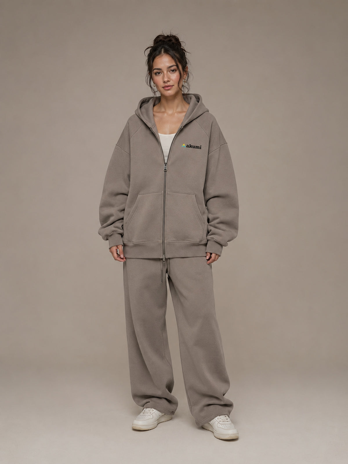 Akumi Veilzip Hoodie in Mineral Taupe, female front hero