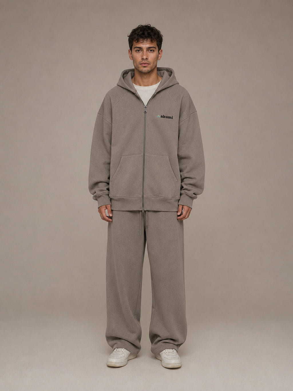 Akumi Veilzip Hoodie in Mineral Taupe, male front view