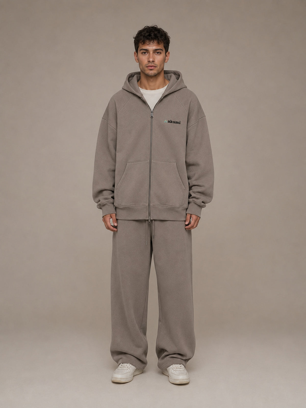Akumi Veilzip Hoodie in Mineral Taupe, male front view