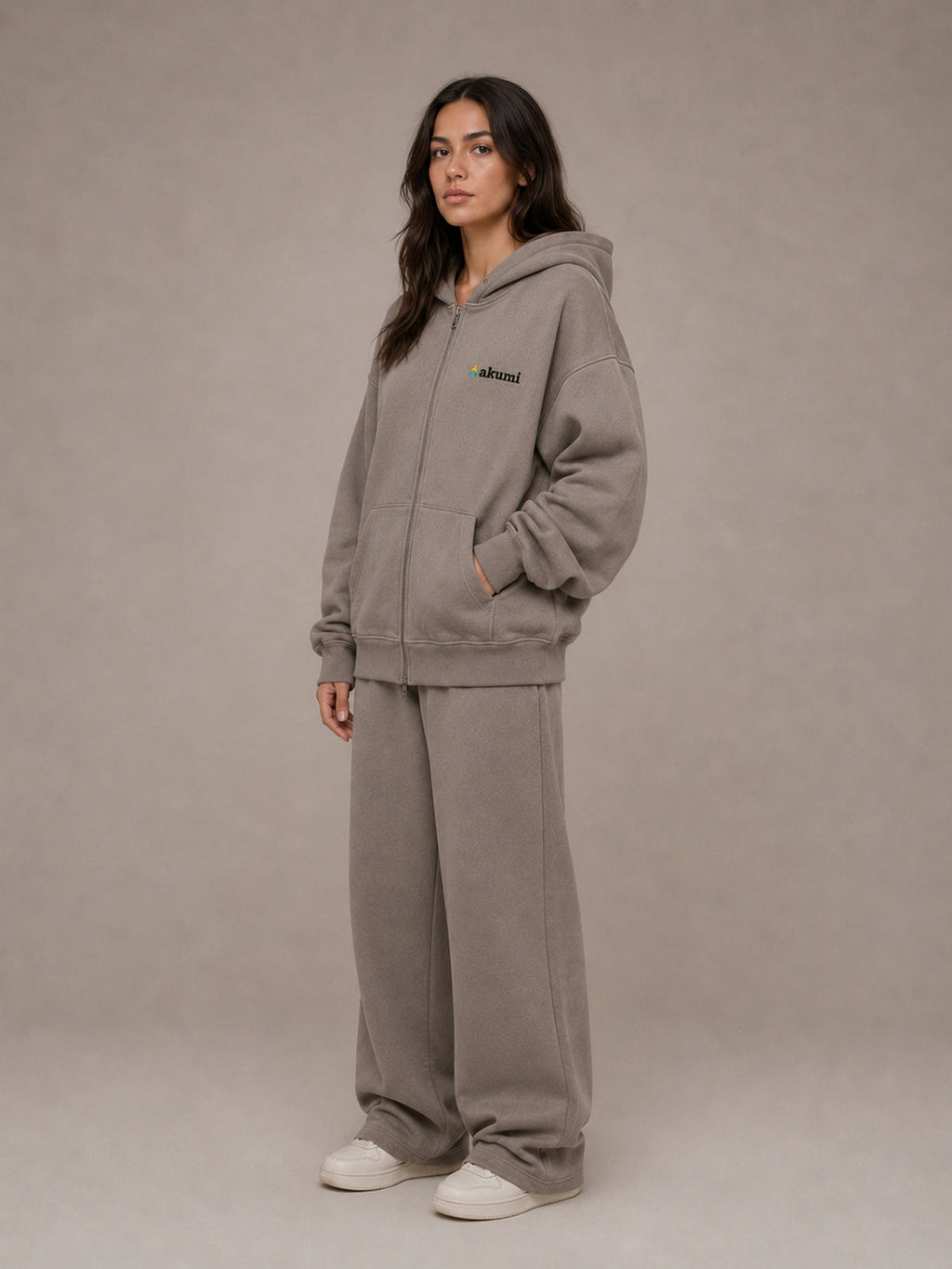 Akumi Veilzip Hoodie in Mineral Taupe, female side view