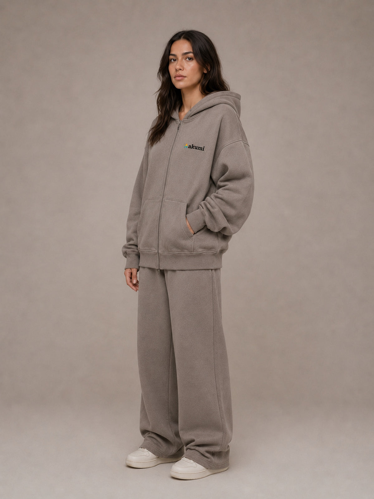 Akumi Veilzip Hoodie in Mineral Taupe, female side view