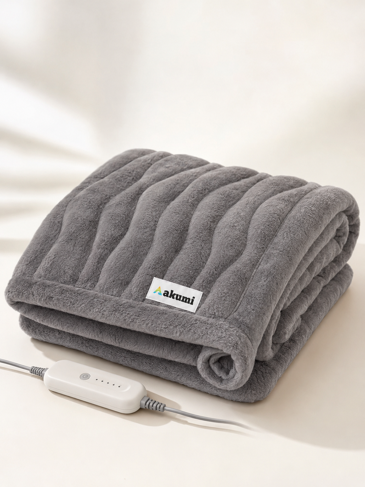 Akumi Warmline Blanket folded with controller and full-color Akumi woven label