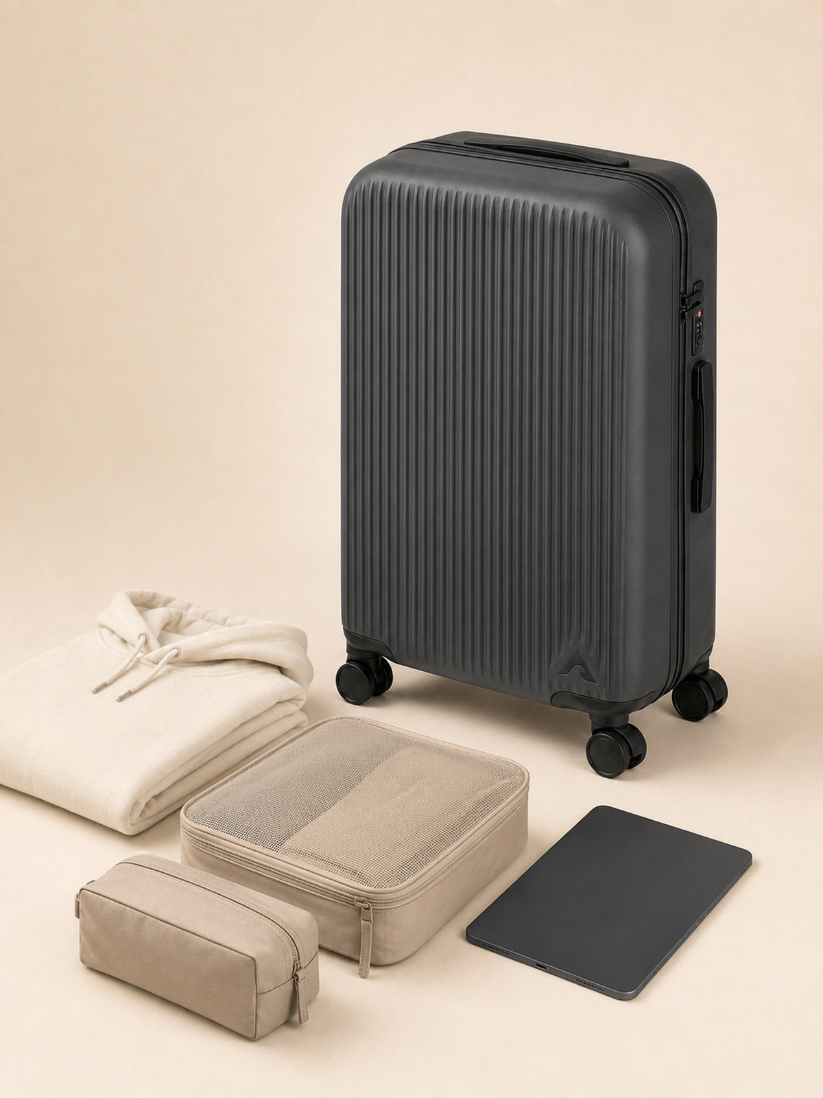 Akumi Wayline Carry-On Luggage Drift Graphite travel packing flat lay