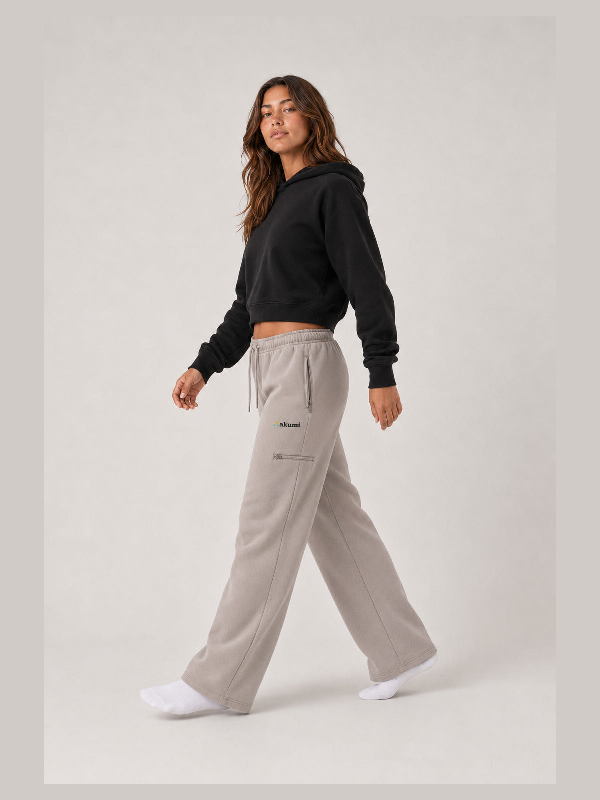 Akumi Waypoint Lightweight Straight-Leg Sweatpant in Canyon Fog, side walking studio view