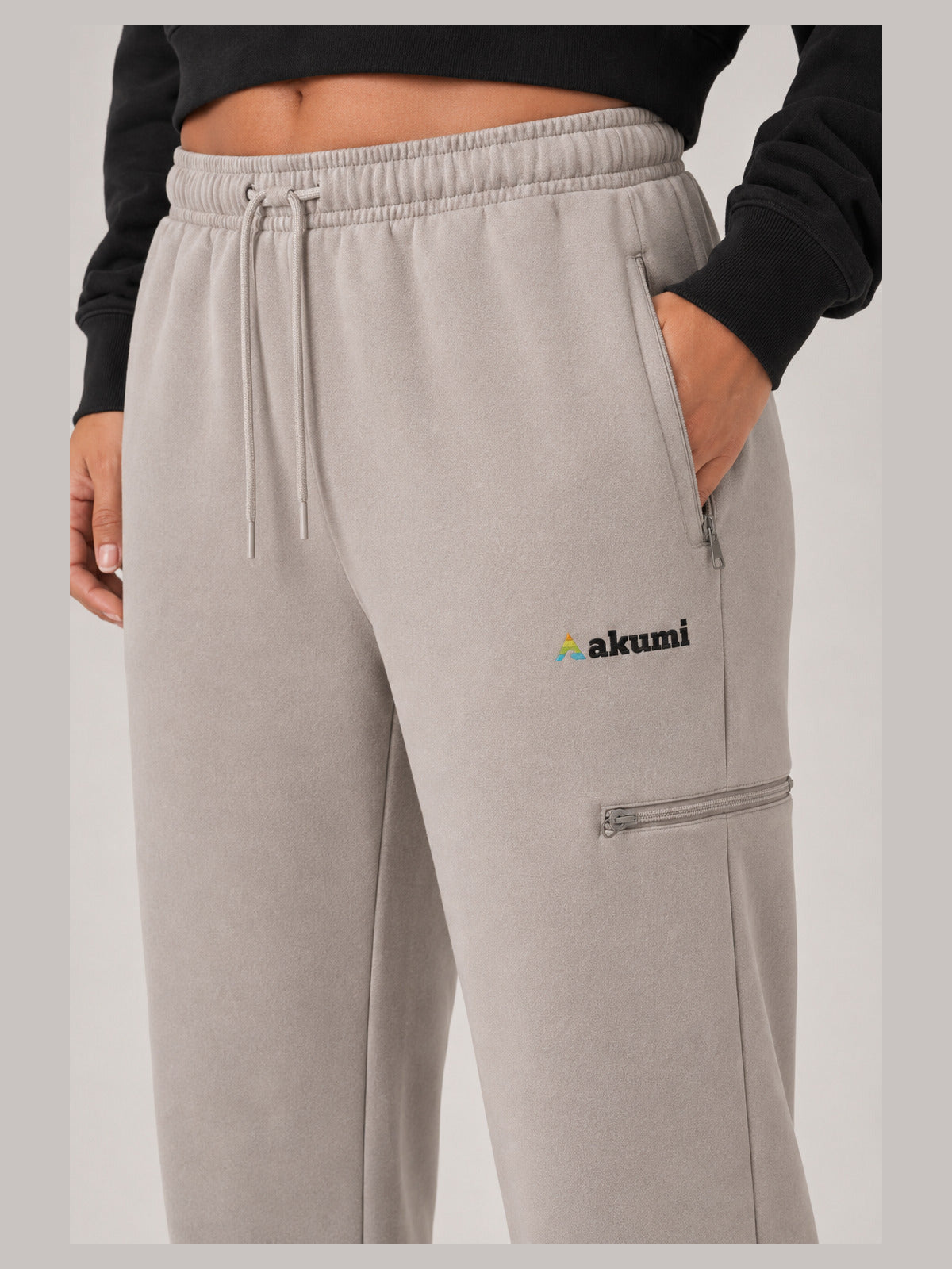 Akumi Waypoint Lightweight Straight-Leg Sweatpant in Canyon Fog, waistband zipper pocket and embroidered logo detail