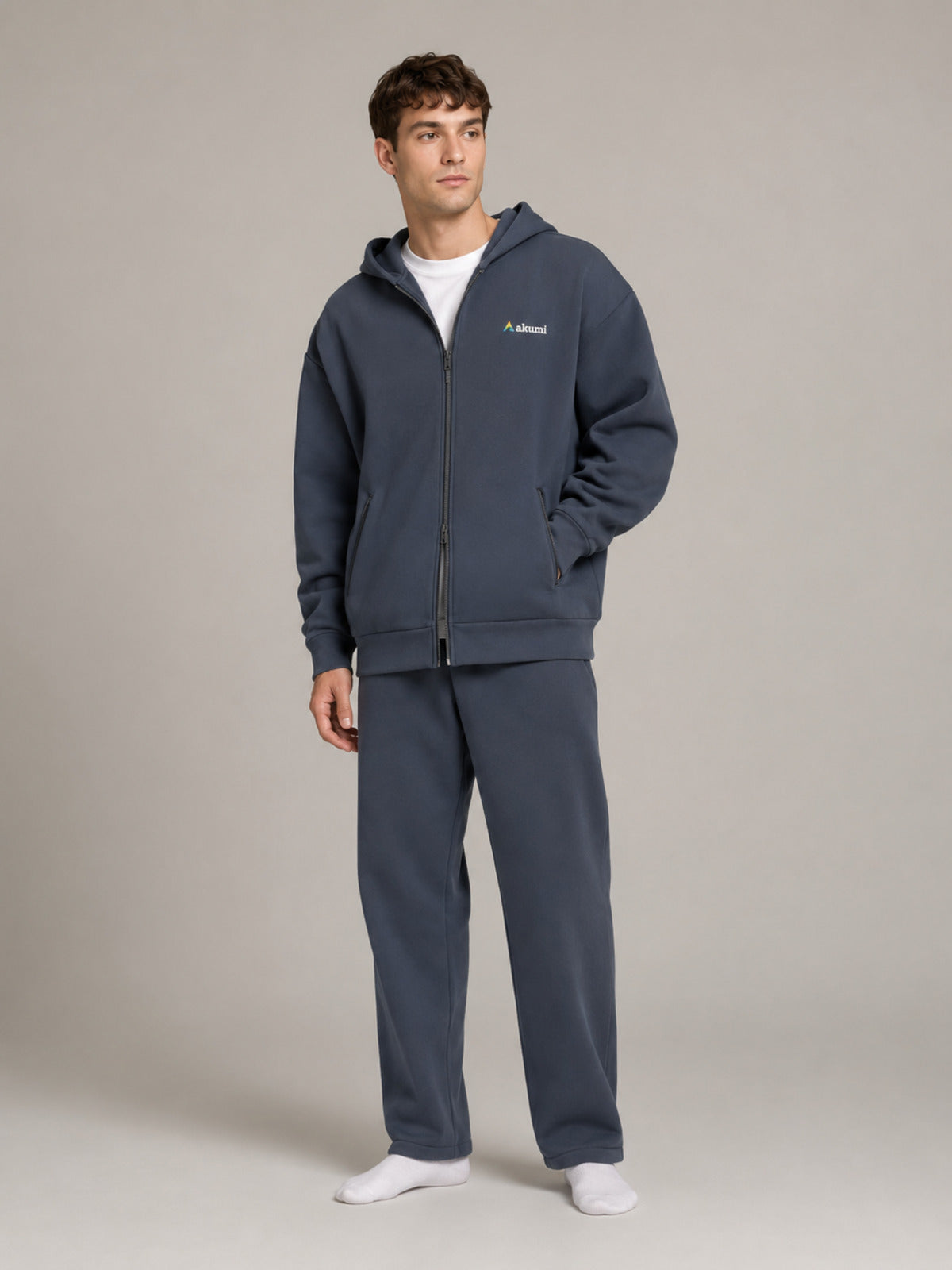 Akumi Waypoint Zip Hoodie in Graphite Sky male front three-quarter studio hero