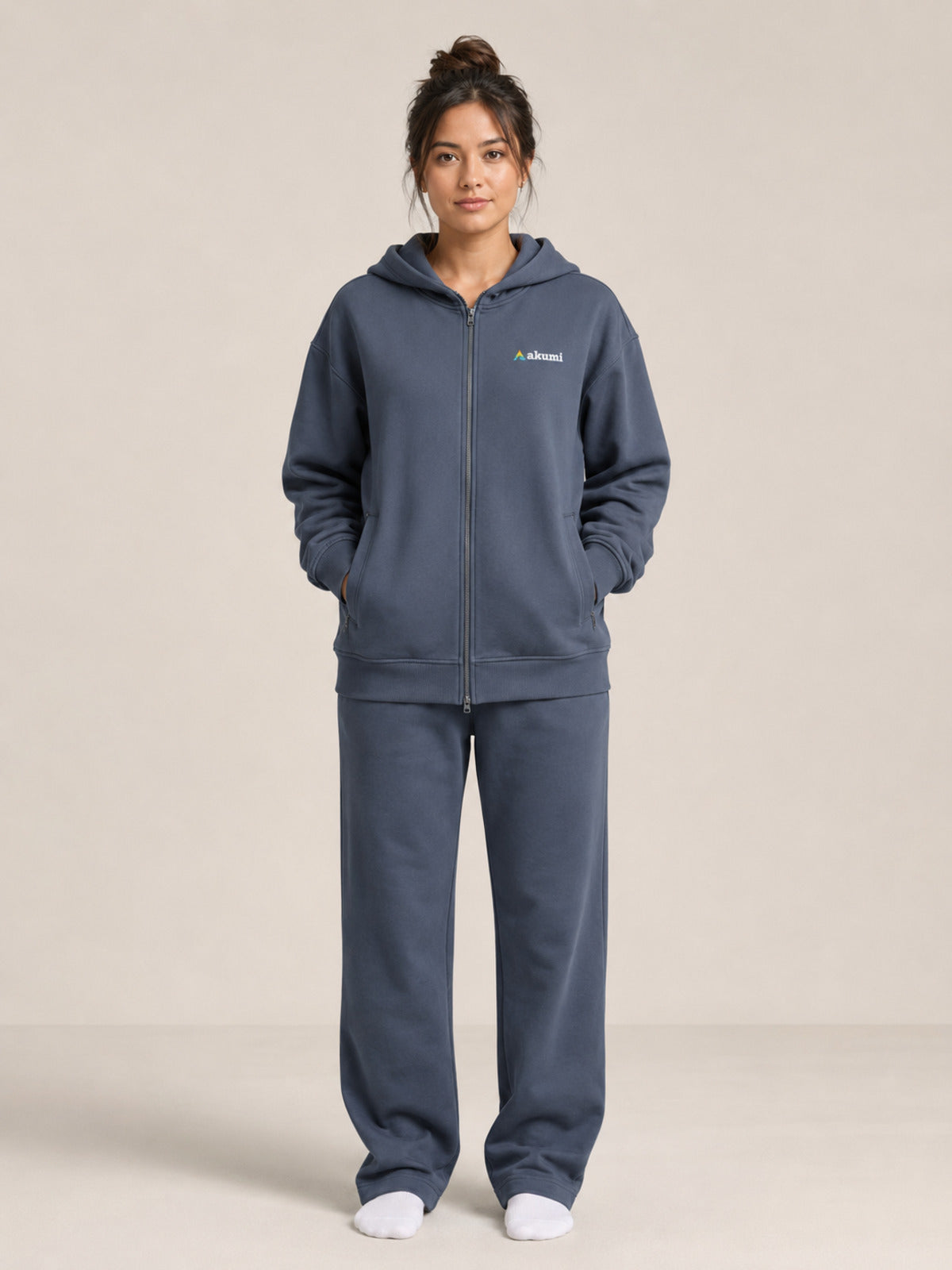 Akumi Waypoint Zip Hoodie in Graphite Sky female full-body front studio view