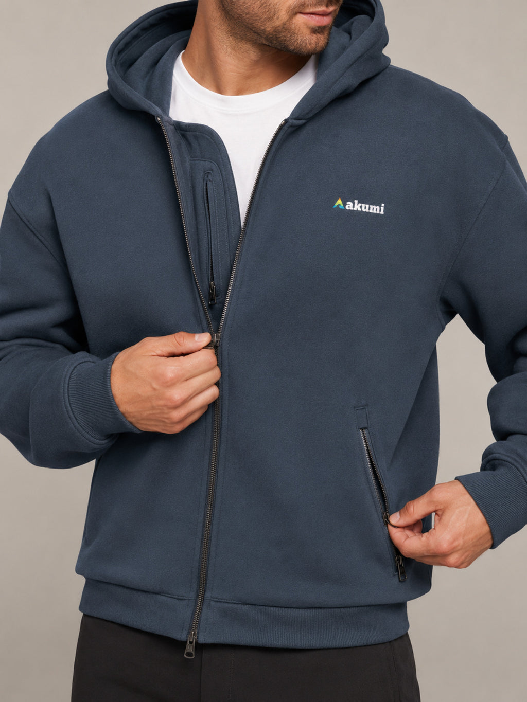 Akumi Waypoint Zip Hoodie in Graphite Sky zipper and secure pocket detail
