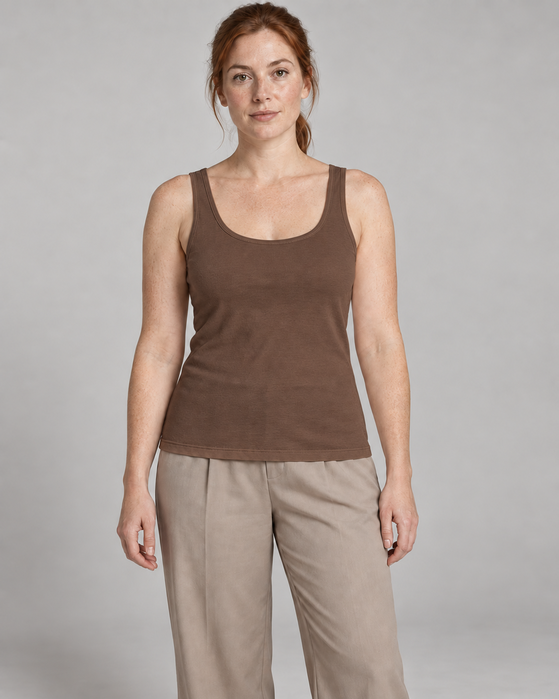 Akumi Balance Scoop Tank in Cocoa, front studio concept view.