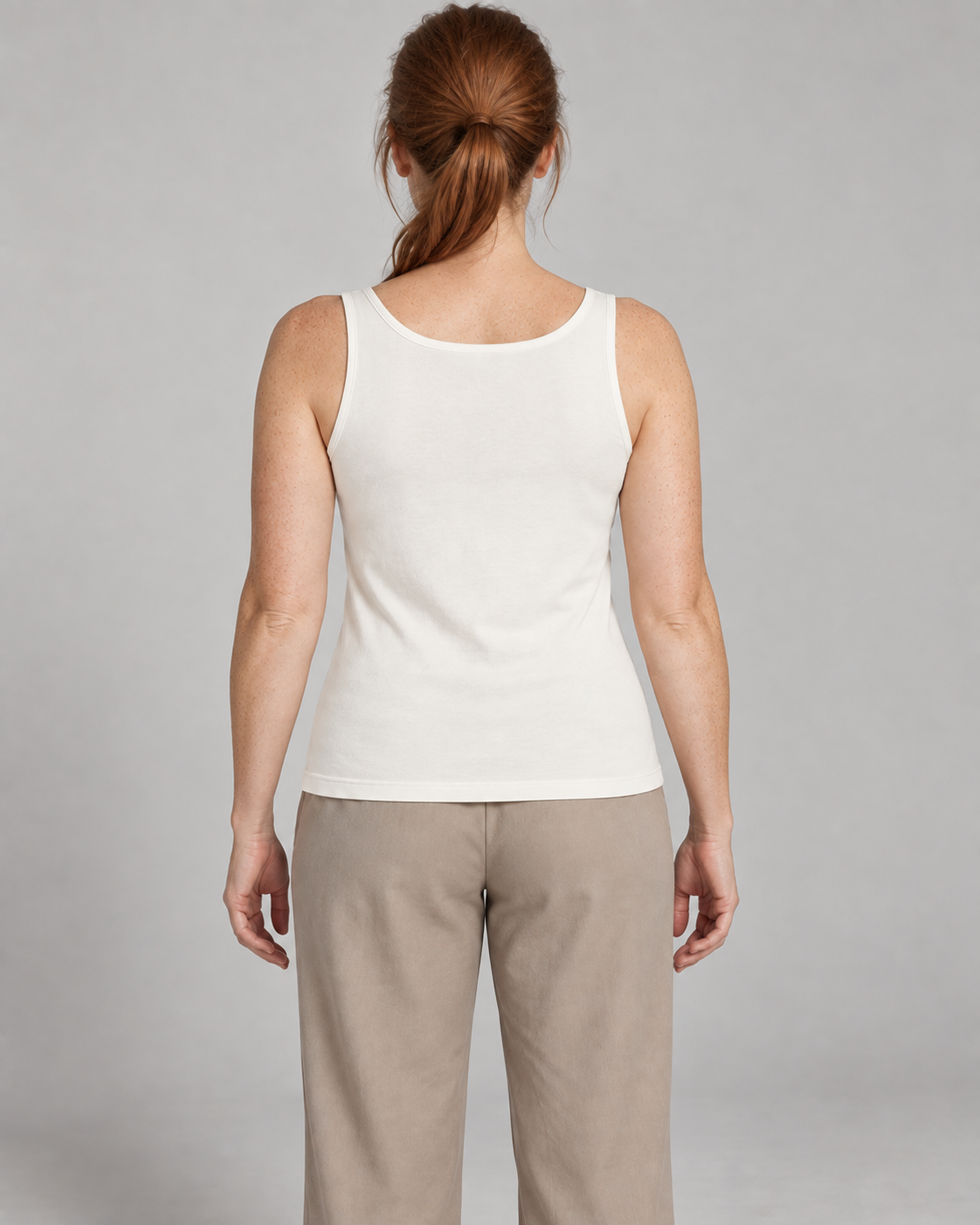 Akumi Balance Scoop Tank in Chalk, back studio concept view on an adult woman.