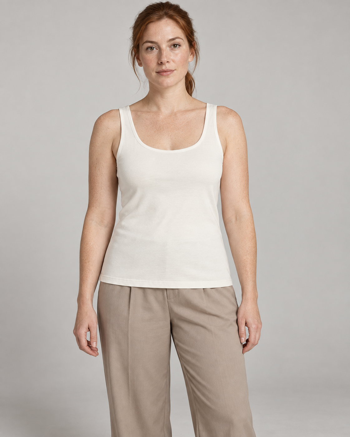 Akumi Balance Scoop Tank in Chalk, front studio concept view on an adult woman.