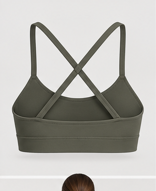 AI-generated Akumi concept render of Women's Fold V-Neck Sports Bra, back view.