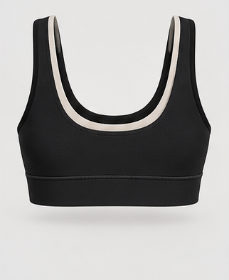 AI-generated Akumi concept render of Women's Offset Layered Sports Bra, back view.