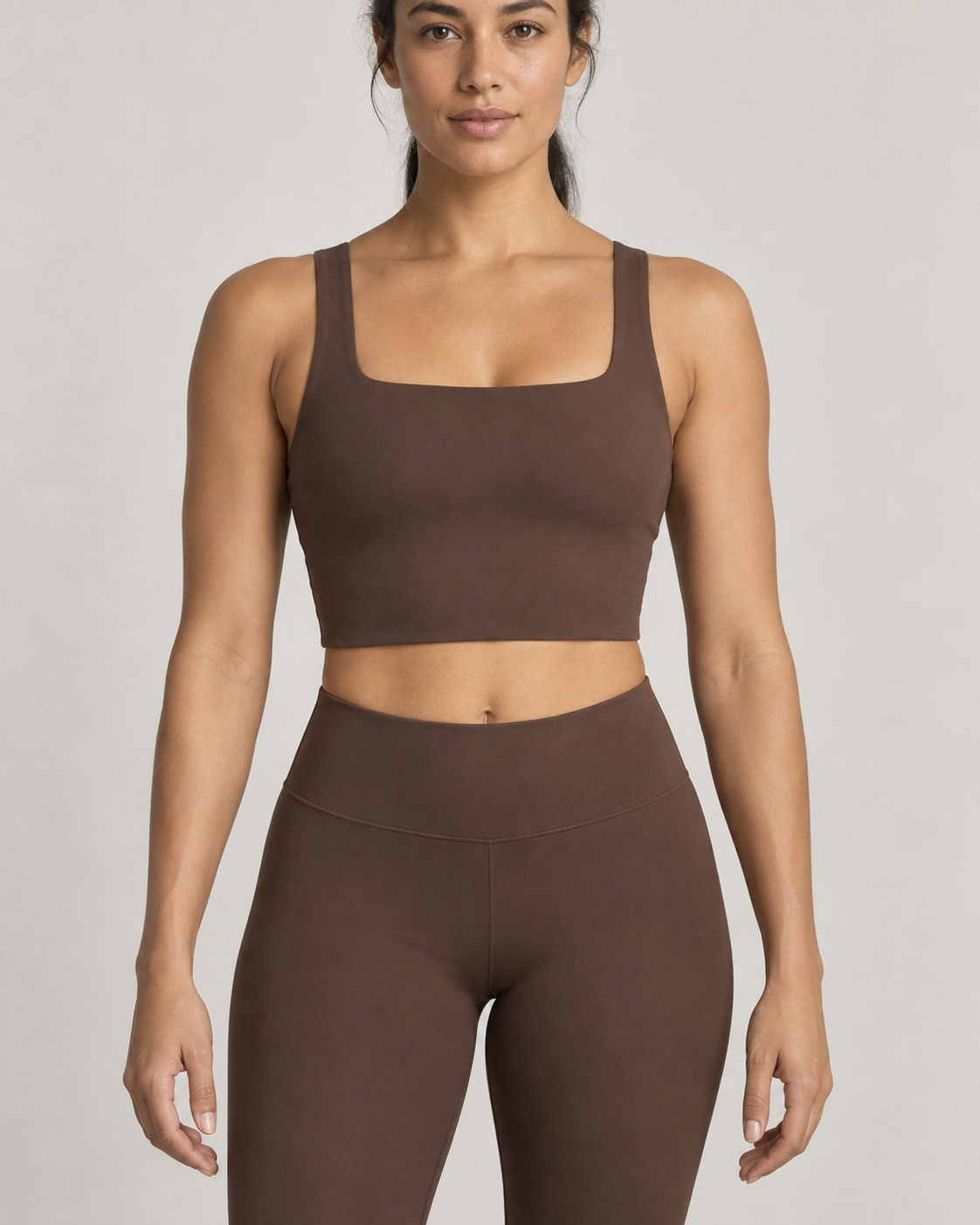 Design concept: Women's Linea Square Longline Sports Bra in Cocoa, front studio view