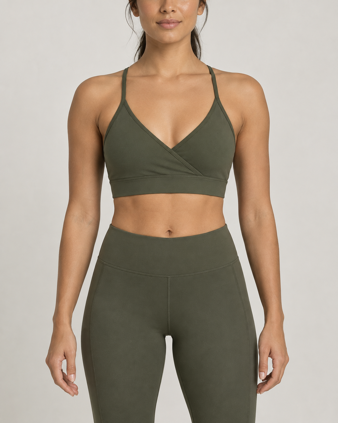 Design concept: Women's Fold V-Neck Sports Bra in Moss, front studio view